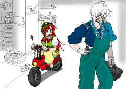 Rule 34 | 1boy, 1girl, ahoge, braid, dirty, dirty face, glasses, gloves, goggles, goggles on head, green eyes, grin, hand on own hip, helmet, hong meiling, long hair, looking at another, morichika rinnosuke, open mouth, overalls, pants, red hair, ribbon, semi-rimless eyewear, short hair, sideways glance, sketch, sleeves rolled up, smile, so-men, standing, sweatdrop, tire, toolbox, touhou, twin braids, under-rim eyewear, vest, white hair, yellow eyes