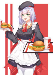 Rule 34 | 1girl, absurdres, apron, beret, black dress, black hat, braid, burger, chicken nuggets, cup, disposable cup, dress, food, food focus, french fries, genshin impact, green eyes, hat, highres, k.f, kfc, looking at viewer, medium hair, noelle (genshin impact), noelle (kfc) (genshin impact), open mouth, silver hair, smile, soda, solo, tray, white apron, white legwear