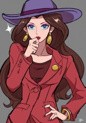 Rule 34 | 1girl, agua mp, blue eyes, bracelet, brown hair, closed mouth, coat, donkey kong (series), earrings, eyelashes, eyeliner, gold bracelet, grey background, hat, highres, jewelry, lipstick, long hair, long sleeves, looking at viewer, makeup, mario (series), nintendo, pauline (mario), purple eyeliner, purple hat, red coat, red nails, solo, super mario odyssey, upper body