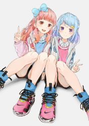 Rule 34 | 2girls, aikatsu! (series), aikatsu friends!, blue bow, blue hair, blunt bangs, blush, bow, braid, brown eyes, collared shirt, commentary, gradient hair, grey background, hair bow, hair ornament, hairband, highres, holding hands, hood, hoodie, interlocked fingers, knees together feet apart, long hair, looking at viewer, minato mio, multicolored hair, multiple girls, nike (company), open clothes, open hoodie, open mouth, orange hair, pink hair, purple eyes, purple hair, remil, round teeth, shirt, shoes, short hair, shorts, simple background, sitting, smile, sneakers, sportswear, star (symbol), star hair ornament, sweater, swept bangs, teeth, undershirt, upper teeth only, v, white shirt, wing collar, yuki aine, zipper
