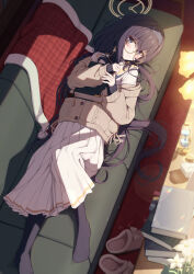 Rule 34 | 1girl, bags under eyes, black hair, black pantyhose, blanket, blue archive, blue eyes, blush, book, book stack, cardigan, commentary, couch, flower, from above, glasses, hairband, halo, highres, holding, holding book, hourglass, lamp, long hair, long skirt, long sleeves, looking at viewer, lying, miso (misomiso 154), on back, on couch, pantyhose, pleated skirt, round eyewear, sailor collar, school uniform, serafuku, shoes, unworn shoes, skirt, sleeves past wrists, slippers, smile, solo, ui (blue archive), very long hair, white flower, white skirt