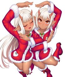 Rule 34 | 2girls, bare legs, bare shoulders, blush, boots, breasts, brown eyes, child, christmas, closed eyes, curvy, dancing, dark-skinned female, dark skin, demon girl, dress, female focus, happy, highres, horns, lilith-soft, long hair, looking at viewer, multiple girls, oni horns, pointy ears, shiny skin, short hair, siblings, simple background, sisters, small breasts, smile, sophie (taimanin asagi), taimanin (series), taimanin asagi, taimanin asagi kessen arena, take your pick, twins, very long hair, white background, white hair, yuphie (taimanin asagi), zol