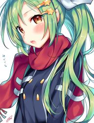 Rule 34 | 1girl, absurdres, arms at sides, blush, commentary, gabriel (monster strike), green hair, hair ornament, hairclip, highres, looking at viewer, looking to the side, monster strike, open mouth, ponytail, red scarf, sasamaruko, scarf, sidelocks, solo, star (symbol), star hair ornament, tagme, upper body, white background, yellow eyes