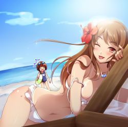 Rule 34 | 2girls, ;p, ^^^, bad id, bad pixiv id, beach, bikini, blush, breasts, brown eyes, brown hair, cloud, day, flower, hair flower, hair ornament, hayakawa akari, hibiscus, innertube, jewelry, long hair, looking at viewer, lying, medium breasts, multiple girls, navel, necklace, o o, ocean, off shoulder, on stomach, one-piece swimsuit, one eye closed, original, outdoors, school swimsuit, sky, smile, sparkle, standing, strap slip, sunlight, swim ring, swimsuit, tan, tanline, tongue, tongue out, wink