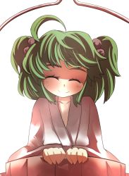 Rule 34 | 1girl, blush, bucket, collarbone, commentary request, closed eyes, female focus, gaoo (frpjx283), hair bobbles, hair ornament, highres, in bucket, in container, japanese clothes, kimono, kisume, meme, short hair, short twintails, smile, solo, too bad! it was just me! (meme), touhou, twintails