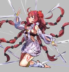 1girl ahoge barefoot breasts detached_sleeves duel_monster from_side full_body grey_background hatano_kiyoshi medium_breasts overalls purple_eyes red_hair silk solo spider_web traptrix_atypus yu-gi-oh!