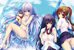 Rule 34 | 3girls, black hair, blue eyes, breasts, brown eyes, brown hair, chemise, clothes lift, collared shirt, dress shirt, hair ornament, hair scrunchie, hairclip, large breasts, light purple hair, long hair, looking at viewer, lying, multiple girls, on back, on stomach, original, oryo (oryo04), panties, partially submerged, ponytail, pool, red eyes, sandals, school uniform, scrunchie, see-through, shallow water, shirt, short sleeves, silver hair, skirt, skirt lift, stuffed animal, stuffed toy, teddy bear, underwear, water, wet, wet clothes
