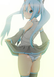 Rule 34 | 00s, 1girl, aburisamon, aqua eyes, aqua hair, ass, bad id, bad pixiv id, blush, clothes lift, hatsune miku, looking at viewer, looking back, md5 mismatch, panties, simple background, skirt, skirt lift, solo, standing, striped clothes, striped panties, tears, thighhighs, twintails, underwear, vocaloid, white background, zettai ryouiki