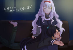 Rule 34 | 2girls, antenna hair, barefoot, black hair, blush, couch, earrings, closed eyes, fang, ganaha hibiki, hair tie, hairband, hand on another&#039;s chin, idolmaster, idolmaster (classic), jewelry, long sleeves, lying, michigan, multiple girls, on stomach, ponytail, shijou takane, silver hair, smile, stroking another&#039;s chin, translation request, yuri