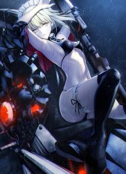 Rule 34 | 1girl, armpits, arms up, artoria pendragon (alter swimsuit rider) (fate), artoria pendragon (alter swimsuit rider) (second ascension) (fate), artoria pendragon (fate), bikini, bikini top only, black bikini, black jacket, black legwear, black ribbon, blonde hair, breasts, bridal garter, collar, collarbone, detached collar, fate/grand order, fate (series), frilled bikini, frilled bikini top, frilled collar, frills, gun, high heels, highres, hip focus, jacket, kawanakajima, legs, long hair, looking to the side, maid headdress, medium breasts, motor vehicle, motorcycle, navel, neck ribbon, open clothes, open jacket, open mouth, pale skin, parted lips, rain, ribbon, rifle, solo, swimsuit, thighs, weapon, wet, yellow eyes