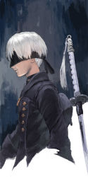 Rule 34 | 1boy, backpack, bag, black jacket, from side, iwauchi tomoki, jacket, katana, light smile, long sleeves, male focus, nier (series), nier:automata, parted lips, profile, solo, sword, upper body, weapon, white hair, 9s (nier:automata)
