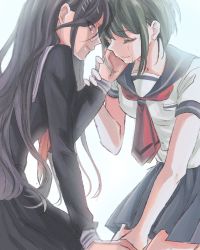 Rule 34 | 2girls, black hair, black sailor collar, black shirt, black skirt, breasts, brown hair, closed eyes, closed mouth, danganronpa (series), danganronpa another episode: ultra despair girls, fukawa toko, glasses, hair ornament, hairclip, hand on another&#039;s cheek, hand on another&#039;s face, highres, kneeling, large breasts, long hair, long sleeves, looking at another, midori (310ri 21), multiple girls, naegi komaru, necktie, pink eyes, pleated skirt, red necktie, round eyewear, sailor collar, shirt, short sleeves, skirt, tears, white shirt