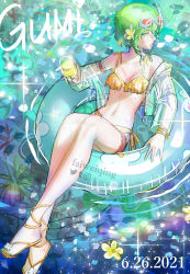 Rule 34 | 1girl, absurdres, arm strap, bikini, bracelet, character name, commentary, coral, cup, dated, faiweiqing, floral print, flower, frilled bikini, frills, from above, glass, glint, goggles, goggles on head, green eyes, green hair, green nails, gumi, head tilt, highres, holding, holding cup, innertube, jacket, jewelry, lens flare, lips, looking at viewer, midriff, nail polish, navel, open clothes, open jacket, orange bikini, parted lips, red goggles, sandals, see-through, see-through jacket, short hair with long locks, sidelocks, sideways glance, sitting, solo, sparkle, stomach, swim ring, swimsuit, vocaloid, water drop, watermark