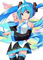 Rule 34 | 1girl, ahoge, black skirt, black sleeves, black thighhighs, blue hair, blue necktie, breasts, closed mouth, collared shirt, commentary request, detached sleeves, floating hair, green eyes, hand up, hatsune miku, highres, index finger raised, long hair, long sleeves, mamagogo (gomaep), necktie, pleated skirt, shirt, skirt, sleeveless, sleeveless shirt, small breasts, smile, solo, thighhighs, twintails, very long hair, vocaloid, white shirt, wide sleeves