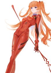 Rule 34 | 1girl, absurdres, artist request, blue eyes, bodysuit, breasts, brown hair, cowboy shot, from side, hair between eyes, highres, holding, holding own hair, holding weapon, interface headset, lance of longinus (evangelion), long hair, looking at viewer, neon genesis evangelion, parted lips, pilot suit, plugsuit, polearm, red bodysuit, shiny clothes, skin tight, solo, souryuu asuka langley, standing, two side up, very long hair, weapon, white background, wide hips