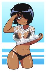Rule 34 | 1girl, absurdres, bikini, black bikini, black hair, blue background, blush, breasts, clothes lift, green eyes, hair over one eye, hand in own hair, highres, large breasts, looking at viewer, navel, see-through, see-through shirt, shirt, shirt lift, short hair, short sleeves, standing, striped, striped background, swimsuit, tan, tanline, wet, wet clothes, wet shirt, white shirt