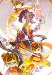 Rule 34 | 1girl, black gloves, brown hair, chiori (genshin impact), feet out of frame, from side, genshin impact, gloves, hair ornament, hair stick, highres, holding, holding sword, holding weapon, japanese clothes, kimono, magic, red eyes, solo, standing, sword, tamoto (genshin impact), u37777123, wakizashi, weapon, yellow kimono