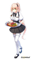 Rule 34 | 1girl, :i, absurdres, badge, black bow, black bowtie, black footwear, black skirt, blonde hair, blush, bow, bowtie, breasts, carrying, carrying under arm, center frills, clipboard, closed mouth, closers, collared shirt, copyright name, eating, food, food on face, foot up, frills, full body, garter straps, gloves, green eyes, hair bow, hands up, hardboiled egg, high-waist skirt, highres, holding, holding clipboard, holding plate, lace, lace-trimmed thighhighs, large breasts, logo, long hair, looking at viewer, looking to the side, mary janes, miniskirt, official art, plate, pleated skirt, ponytail, puffy cheeks, puffy short sleeves, puffy sleeves, sausage, shirt, shoes, short sleeves, skirt, solo, soma (closers), steak, suspender skirt, suspenders, sweatdrop, tachi-e, thighhighs, underbust, v-shaped eyebrows, vegetable, very long hair, waitress, walking, white background, white gloves, white shirt, white thighhighs, zettai ryouiki