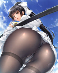 Rule 34 | 1girl, animal ears, ass, azur lane, black hair, black pantyhose, blue sky, blush, bow, breasts, brown eyes, day, gloves, hair bow, hair flaps, highres, holding, holding sword, holding weapon, katana, kobapyon, large breasts, long hair, looking at viewer, military, military uniform, miniskirt, outdoors, panties, panties under pantyhose, pantyhose, parted lips, pleated skirt, ponytail, ribbon, sheath, sheathed, skirt, sky, smile, solo, sword, takao (azur lane), thighband pantyhose, underwear, uniform, very long hair, weapon, white bow, white panties