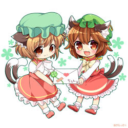 Rule 34 | 2girls, :3, animal ears, brown eyes, brown hair, cat ears, cat tail, chen, closed mouth, clover, collaboration, commentary request, earrings, fang, four-leaf clover, green hat, hat, heart, ibaraki natou, jewelry, letter, long sleeves, love letter, mob cap, multiple girls, multiple tails, nekomata, pila-pela, short hair, short sleeves, single earring, tail, touhou, transparent background, two tails, white background