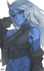Rule 34 | 1girl, black jacket, blue oni, blue skin, bottomless, breasts, closed mouth, colored skin, cowboy shot, eyeshadow, grey hair, horns, jacket, kimiko (zakusi), large breasts, long hair, makeup, navel, off shoulder, oni, oni horns, open clothes, open jacket, original, out-of-frame censoring, red eyes, signature, simple background, single horn, smile, solo, white background, zakusi