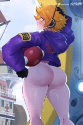 Rule 34 | 1girl, ass, curvy, female focus, flytrapxx, from behind, full body suit, headset, helmet, highres, jacket, light brown hair, messy hair, one piece, short hair, skin tight, thighs, vegapunk lilith