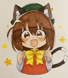 Rule 34 | 1girl, animal ear fluff, animal ears, blush, bow, brown eyes, brown hair, cat ears, cat girl, cat tail, chen, clenched hands, commentary request, cropped torso, dress, ear piercing, green hat, grey background, grey shirt, hair between eyes, hat, highres, long sleeves, looking at viewer, mob cap, multiple tails, piercing, puffy long sleeves, puffy sleeves, red dress, shirt, simple background, sleeveless, sleeveless dress, solo, tail, totoharu (kujirai minato), touhou, traditional media, two tails, upper body, v-shaped eyebrows, yellow bow