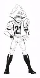 Rule 34 | 1boy, :|, absurdres, american football (object), american football uniform, ball, belt, boots, closed mouth, eyeshield 21, full body, gloves, greyscale, hand on own hip, hand up, hat, headband, highres, holding, holding ball, kobayakawa sena, legs apart, looking at viewer, male focus, monochrome, murata yuusuke, official art, pants, pirate hat, scarf, shirt, simple background, skull and crossbones, smile, solo, sportswear, standing, traditional media, white background