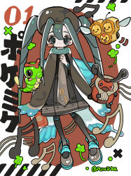 Rule 34 | 1girl, :o, absurdres, beret, black dress, black pantyhose, blue cape, blue footwear, border, brown cape, brown footwear, brown hat, brown necktie, bug miku (project voltage), butterfly wings, cape, caterpie, clover, combee, commentary, copyright name, creatures (company), dress, fake wings, four-leaf clover, freckles, full body, game freak, gen 1 pokemon, gen 4 pokemon, grey eyes, grey hair, hair through headwear, half-closed eye, halftone, hand up, hat, hatsune miku, highres, insect wings, kricketot, long necktie, long sleeves, looking at viewer, musical note, necktie, nintendo, number print, open mouth, outside border, oval background, pantyhose, pokemon, print necktie, project voltage, red background, riiverr, shoes, sidelocks, single blush sticker, solo, symbol-only commentary, tareme, twitter username, two-tone cape, two-tone footwear, vocaloid, white border, wings