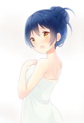 Rule 34 | 1girl, alternate hairstyle, blue hair, blush, commentary, covering privates, hair between eyes, hair bun, hitsukuya, long hair, love live!, love live! school idol project, naked towel, open mouth, single hair bun, solo, sonoda umi, towel, upper body, yellow eyes