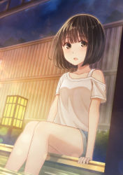 Rule 34 | 1girl, bad id, bad pixiv id, bamboo fence, blush, bob cut, brown eyes, brown hair, bush, collarbone, commentary, denim, denim shorts, dutch angle, fence, highres, lamp, looking at viewer, looking to the side, night, off shoulder, onsen, open mouth, original, partially submerged, shirt, short hair, short shorts, shorts, sitting, sky, solo, tanbonota46, water, white shirt