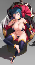 Rule 34 | 10s, 1girl, alternate breast size, alternate hair color, arm rest, bare shoulders, barefoot, bikini, black bikini, black gloves, black thighhighs, black wings, blue hair, blunt bangs, blush, breasts, bridal gauntlets, cleavage, closed mouth, collarbone, commentary, demon horns, elbow gloves, feathered wings, full body, gloves, gradient hair, grey background, hair bun, half-closed eye, hand up, highleg, highleg bikini, highres, horns, huge breasts, jewelry, large breasts, long hair, looking at viewer, love live!, love live! sunshine!!, multicolored hair, navel, pink eyes, purple hair, raised eyebrow, revealing clothes, shadow, simple background, single hair bun, single side bun, sitting, skindentation, solo, swimsuit, symbol-only commentary, tem10, thighhighs, thighs, throne, toeless legwear, tsushima yoshiko, white wings, wings