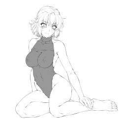 Rule 34 | 1girl, armpits, barefoot, blush, breasts, closed mouth, commentary request, covered erect nipples, full body, greyscale, highres, leotard, looking to the side, medium breasts, mizuhashi parsee, monochrome, ootsuki wataru, pointy ears, short hair, simple background, solo, touhou