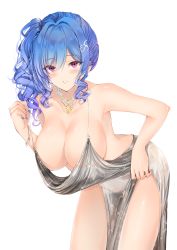 Rule 34 | 1girl, absurdres, azur lane, backless dress, backless outfit, bare shoulders, blue hair, blush, breasts, cleavage, collarbone, dress, earrings, evening gown, hair ornament, hairclip, halter dress, halterneck, highres, jewelry, large breasts, leaning forward, long hair, looking at viewer, nail polish, necklace, parted lips, pelvic curtain, pink eyes, plunging neckline, revealing clothes, side ponytail, side slit, sidelocks, silver dress, simple background, smile, st. louis (azur lane), st. louis (luxurious wheels) (azur lane), thighs, yukineko1018