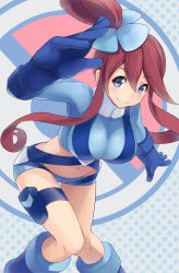 Rule 34 | 10s, 1girl, belt, blue eyes, blue footwear, blue gloves, boots, breasts, brown hair, creatures (company), game freak, gloves, gym leader, hair ornament, holster, large breasts, leaning forward, long hair, midriff, mirai denki, navel, nintendo, pokemon, pokemon bw, pokemon bw2, pouch, red hair, shorts, sidelocks, skyla (pokemon), smile, solo, thigh gap, thigh holster, thigh pouch, thigh strap