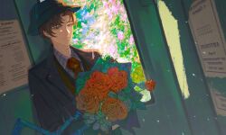 Rule 34 | 1boy, artem wing (tears of themis), black hat, black jacket, blue eyes, blue sky, bouquet, brown hair, brown vest, closed mouth, collared shirt, door, fedora, flower, grey shirt, hat, highres, holding, holding bouquet, indoors, jacket, looking at viewer, male focus, necktie, pink flower, red flower, red necktie, red rose, rose, shirt, short hair, sky, smile, solo, tears of themis, tubayran, vest