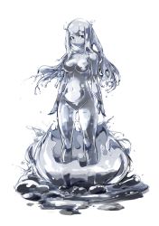 Rule 34 | 1girl, absurdres, blue theme, breasts, deel (rkeg), expressionless, female focus, full body, highres, long hair, looking at viewer, medium breasts, monochrome, monster girl, navel, no humans, nude, original, grey eyes, simple background, slime girl, solo, standing, white background