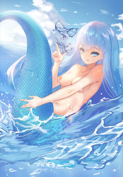 Rule 34 | 1girl, blue eyes, blue hair, breasts, completely nude, highres, katekyo hitman reborn!, long hair, louie (sun737373), mermaid, monster girl, navel, nipples, nude, ocean, solo, wet