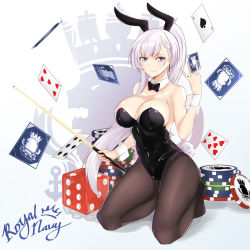 Rule 34 | 1girl, ace (playing card), ace of spades, animal ears, azur lane, belfast (azur lane), black bow, black bowtie, black leotard, black pantyhose, bow, bowtie, breasts, card, cleavage, cue stick, detached collar, dice, fake animal ears, full body, grey eyes, gs (onsen syndicate), highres, large breasts, leotard, logo, long hair, looking at viewer, oversized object, pantyhose, playboy bunny, playing card, poker chip, ponytail, rabbit ears, rabbit girl, rabbit tail, solo, spade (shape), strapless, strapless leotard, tail, white hair, wrist cuffs