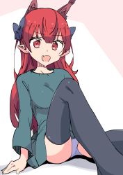 Rule 34 | 1girl, :d, akuma (kishikaisei), alternate hairstyle, animal ear fluff, animal ears, arm support, black thighhighs, blue bow, blunt bangs, bow, breasts, cameltoe, cat ears, clenched hands, dress, extra ears, fang, feet out of frame, green dress, grey panties, hair bow, hair down, highres, kaenbyou rin, knee up, long hair, long sleeves, looking at viewer, no tail, open mouth, panties, parted lips, pointy ears, red eyes, red hair, simple background, sitting, skin fang, small breasts, smile, solo, thighhighs, touhou, underwear, upskirt, very long hair, white background