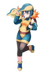 Rule 34 | 1girl, ^ ^, absurdres, arm up, backpack, bag, bare shoulders, belt, belt buckle, black leggings, blue footwear, blue hair, blue headwear, blue jacket, blue sleeves, blush, boots, breasts, brown belt, buckle, closed eyes, closed mouth, commentary request, creatures (company), cyndaquil, detached sleeves, fire, game freak, gen 2 pokemon, hair between eyes, hat, highres, jacket, leggings, long sleeves, nintendo, open clothes, open jacket, personification, pokemon, puffy long sleeves, puffy sleeves, shibakame, short jumpsuit, simple background, sleeveless, sleeveless jacket, small breasts, smile, standing, standing on one leg, white background