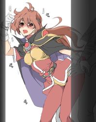 Rule 34 | 1boy, 1girl, armor, blush, breasts, brown hair, cape, elf (stroll in the woods), gloves, grinding, headband, highres, jewelry, lina inverse, long hair, medium breasts, open mouth, red eyes, shoulder armor, simple background, slayers, white background