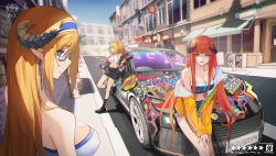 Rule 34 | 3girls, :d, absurdres, alternate costume, animal ears, arknights, bagpipe (arknights), bare shoulders, bespectacled, black jacket, black skirt, blonde hair, blue-framed eyewear, blue eyes, blue hairband, blue sky, breasts, camisole, car, casual, city, cleavage, collarbone, commentary request, crop top, day, genera-x, glasses, hairband, highres, horns, jacket, large breasts, lion ears, long hair, long sleeves, midriff, miniskirt, motor vehicle, multiple girls, navel, off shoulder, open mouth, orange hair, outdoors, own hands together, pointy ears, ponytail, saileach (arknights), segmented horns, siege (arknights), skirt, sky, smile, stomach, strapless, tube top, v arms