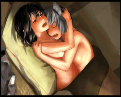 Rule 34 | 2girls, animal ears, bed, bite mark, black hair, blush, closed eyes, covering privates, cuddling, dutch angle, fang, fangs, female focus, girl on top, grey hair, hand in own hair, highres, hug, inubashiri momiji, lying, md5 mismatch, moaning, multiple girls, nude, on back, open mouth, pointy ears, red eyes, resolution mismatch, shameimaru aya, short hair, source smaller, sweat, touhou, under covers, usuishiki, wolf ears, yuri