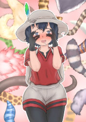 Rule 34 | 10s, 1girl, @ @, absurdres, backpack, bag, bird tail, black gloves, black hair, black pantyhose, blush, bucket hat, cowboy shot, drooling, gloves, hair between eyes, hands on own face, hands up, hat, hat feather, highres, kaban (kemono friends), kemono friends, pantyhose under shorts, open mouth, pantyhose, peeking through fingers, red shirt, shirt, short sleeves, shorts, smile, solo focus, striped tail, tail, wavy mouth, zombiuk