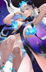 Rule 34 | 1girl, arm behind head, arm up, armpits, bare shoulders, blazpu, blue fire, blue hair, blush, body markings, bracelet, breasts, earrings, fate/grand order, fate (series), fire, flower, hair flower, hair ornament, hair ribbon, highres, jewelry, kama (fate), kama (swimsuit avenger) (fate), kama (swimsuit avenger) (third ascension) (fate), large breasts, long hair, looking at viewer, lotus, multicolored hair, navel, parted lips, red eyes, revealing clothes, ribbon, silver hair, solo, star (sky), star (symbol), star earrings, thighs, two-tone hair