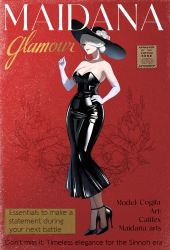 Rule 34 | 1950s (fashion), 1950s (style), 1girl, absurdres, artist name, black dress, black footwear, black hat, breasts, catifex, cleavage, cogita (pokemon), cover, creatures (company), dress, elbow gloves, english text, fashion, flower, full body, game freak, gloves, hair over one eye, hand on own hip, hand up, hat, hat flower, high heels, highres, latex, latex dress, lipstick, magazine cover, makeup, mermaid dress, narrow waist, nintendo, one eye covered, pantyhose, patent heels, pinup (style), pokemon, pokemon legends: arceus, pumps, red background, shiny clothes, shoes, solo, standing, stiletto heels, thighs, white hair