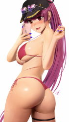 Rule 34 | 1girl, ass, banned artist, bikini, black hat, blue nails, blush, breasts, earrings, fang, fingernails, hat, heart, heart earrings, heterochromia, highres, holding, holding phone, hololive, houshou marine, huge ass, jellytits-7, jewelry, large breasts, nail polish, open mouth, phone, red bikini, simple background, smile, solo, swimsuit, virtual youtuber, white background