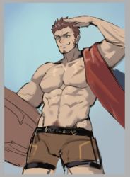 Rule 34 | 1boy, abs, bara, beard, blue eyes, boxers, brown hair, facial hair, fate/grand order, fate (series), kevin krypton, large pectorals, long sideburns, looking to the side, male focus, male underwear, muscular, napoleon bonaparte (fate), pectorals, pubic hair, scar, sideburns, simple background, smile, solo, swimsuit, topless male, underwear