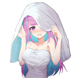 Rule 34 | 1girl, bare arms, bare shoulders, blue hair, blush, breasts, cleavage, commentary request, hands up, highres, hololive, large breasts, long hair, looking at viewer, minato aqua, multicolored hair, nose blush, open mouth, purple eyes, purple hair, simple background, solo, strapless, towel, towel on head, tube top, upper body, vchan, virtual youtuber, white background
